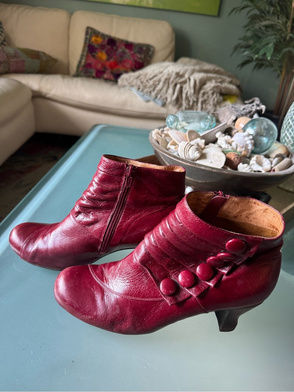 Miz Mooz Women's Red Leather Ankle Boots with Button Detail